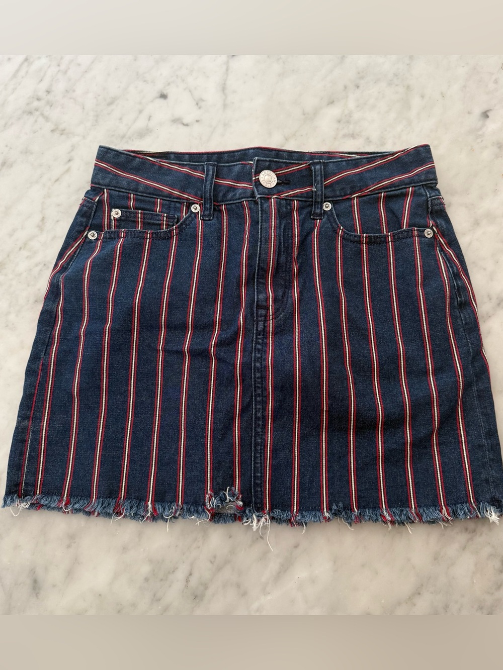 American Eagle High Rise Blue, Red, White Striped Denim Mini Skirt
